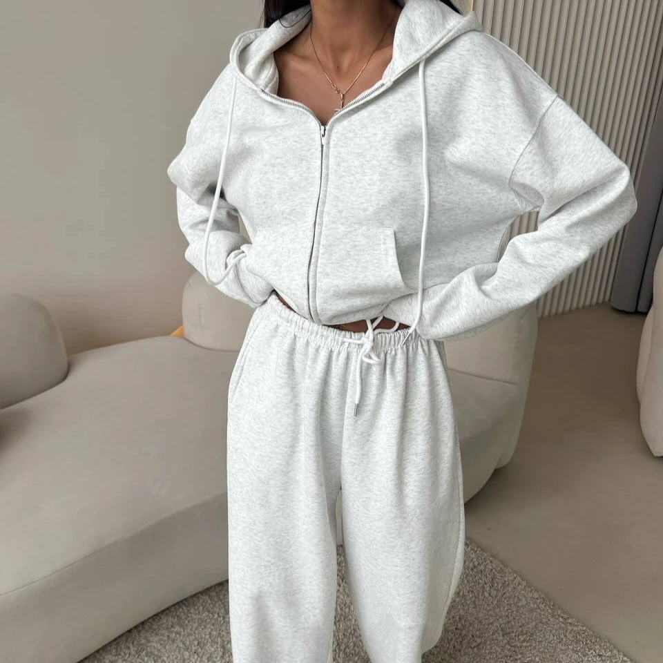 

Осенний женский спортивный костюм на молнии и брюки Gary, повседневный комплект из двух предметов, женские повседневные брюки, спортивный костюм для бега с капюшоном