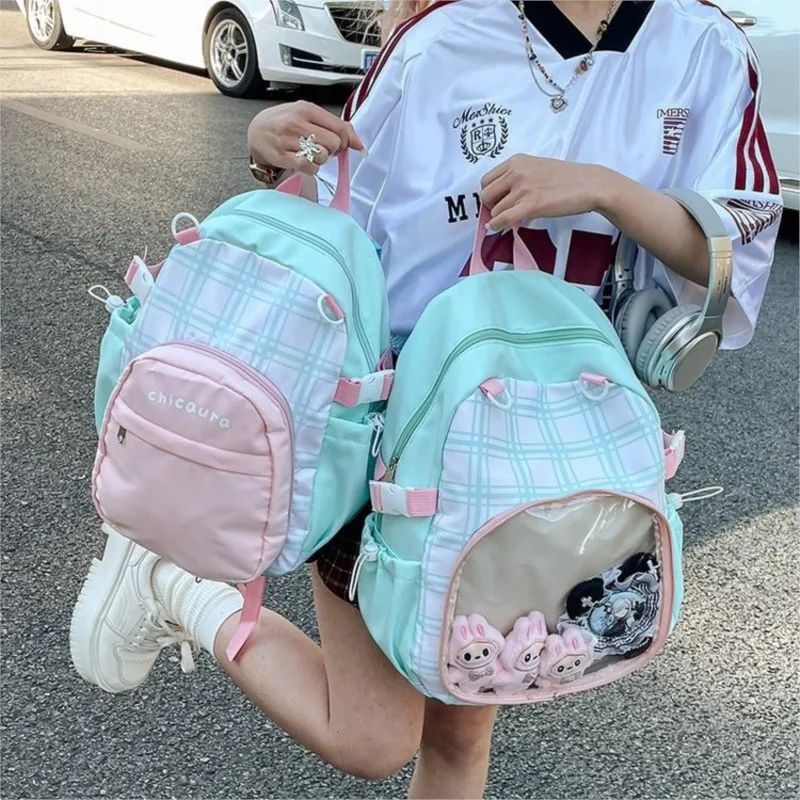 

Color Block Plaid Backpack Women Large Capacity Anime Detachable 2 Way Doll Bag Ita Bag Ladies Sweet Multifunctional Daypack New