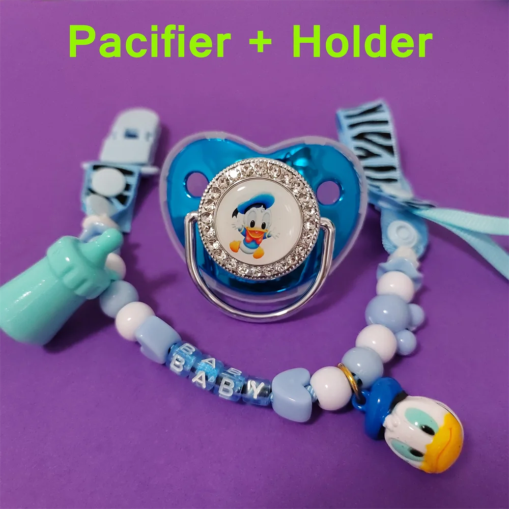 Donald Duck Stitch Mickey Minnie Mouse Blue Bling Baby Pacifiers and Soother Chain New Cute Kids Infant Pacifier Baby Teeth Toys