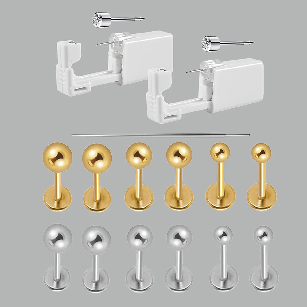 9PCS/Set Disposable Ear Piercing Gun Kit With Push In Labret Piercing Ball Labret  Earring  Tool Machine Sterile Body Jewelry