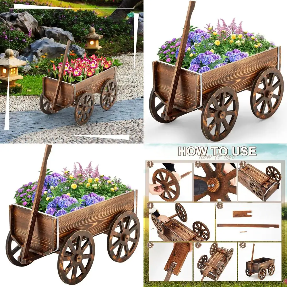 

Outdoor Patio Flower Cart with Wagon Wheels for Balcony, Decorative Planter Box for Indoor and Outdoor, Ideal for Flowers, Herbs
