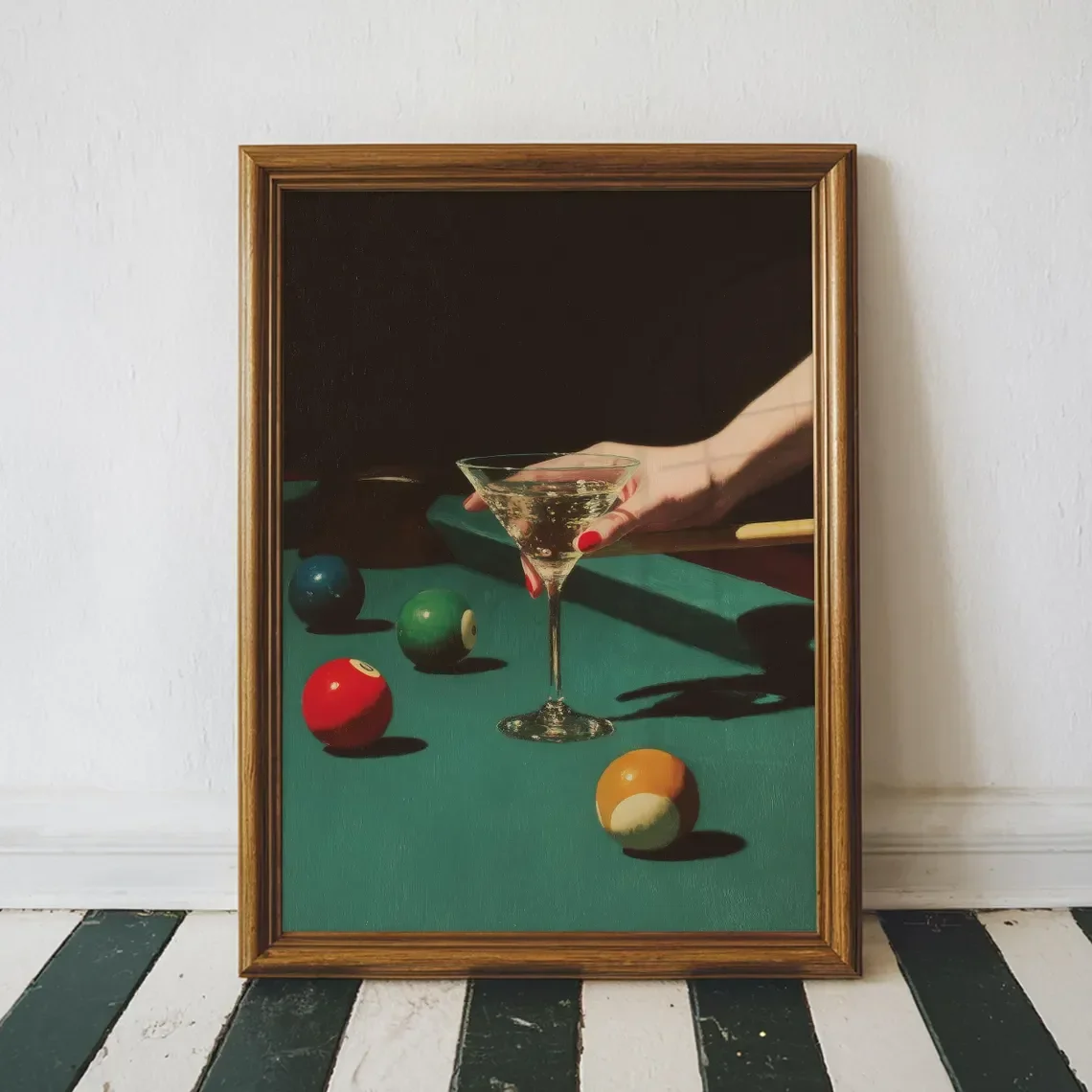 Vintage Dive Bar Martini Pool Poster Art, Retro Billiards Smoking Cocktail Oil Painting Art, Lucky 8 Ball Print,