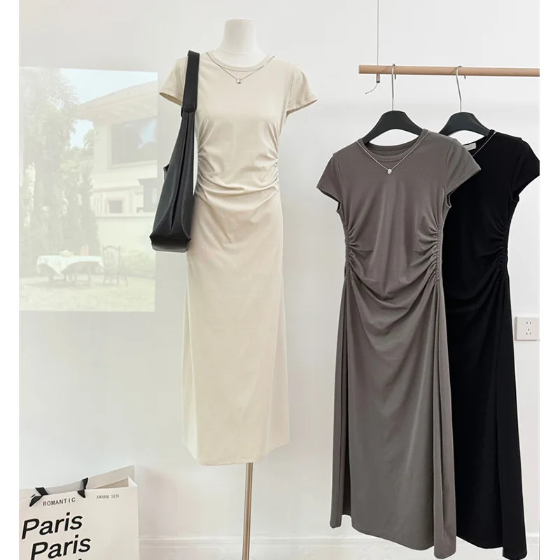 Slim Fit Tummy Control Midi Dress Korean Style Pleated Summer New Arrival Women's Fashion Belted Wrap around Bodycon Dress