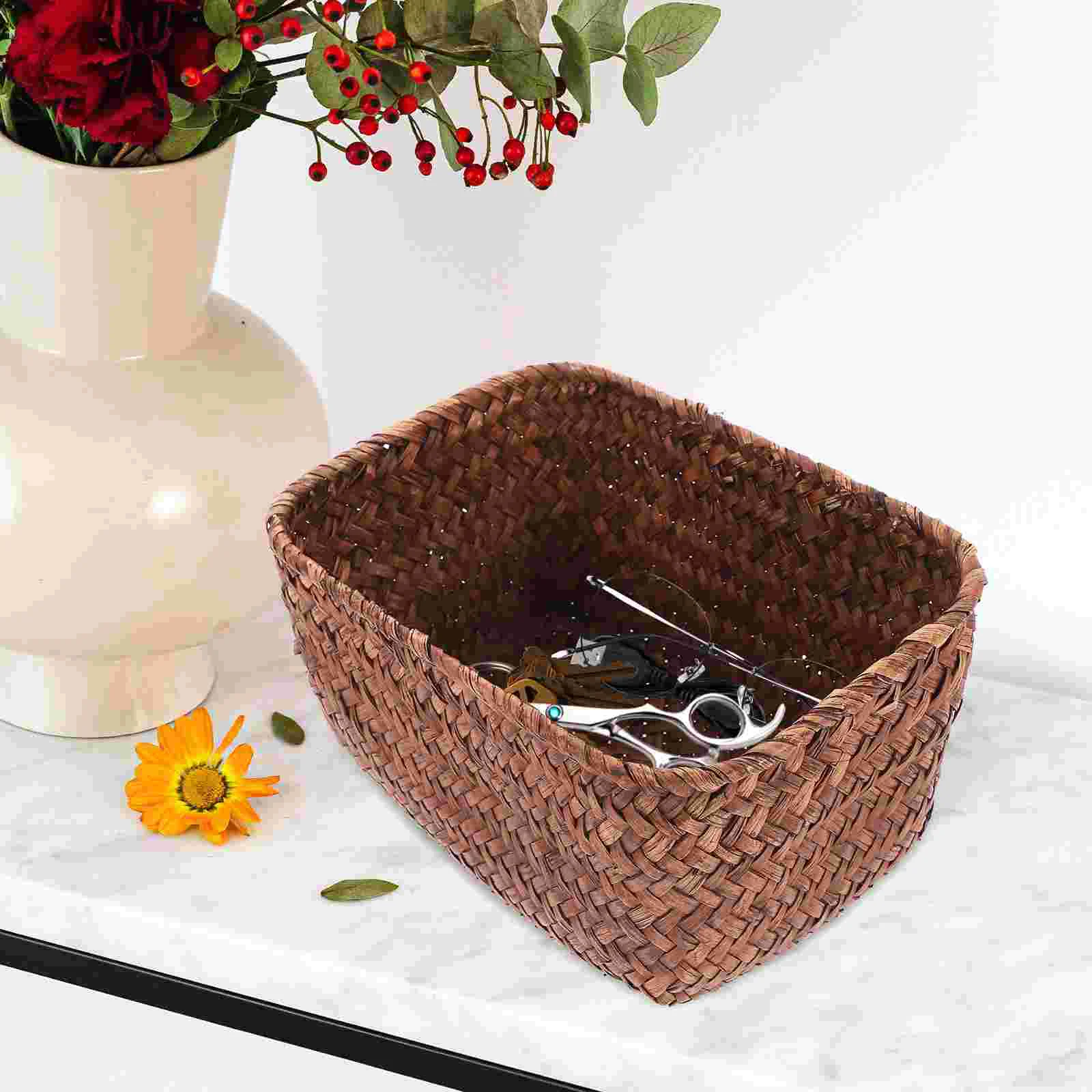 Cabilock Home Decor Woven Seaweed Basket Wicker Storage Baskets Rectangular Rattan Toilet Shelves Caramel Orange Food