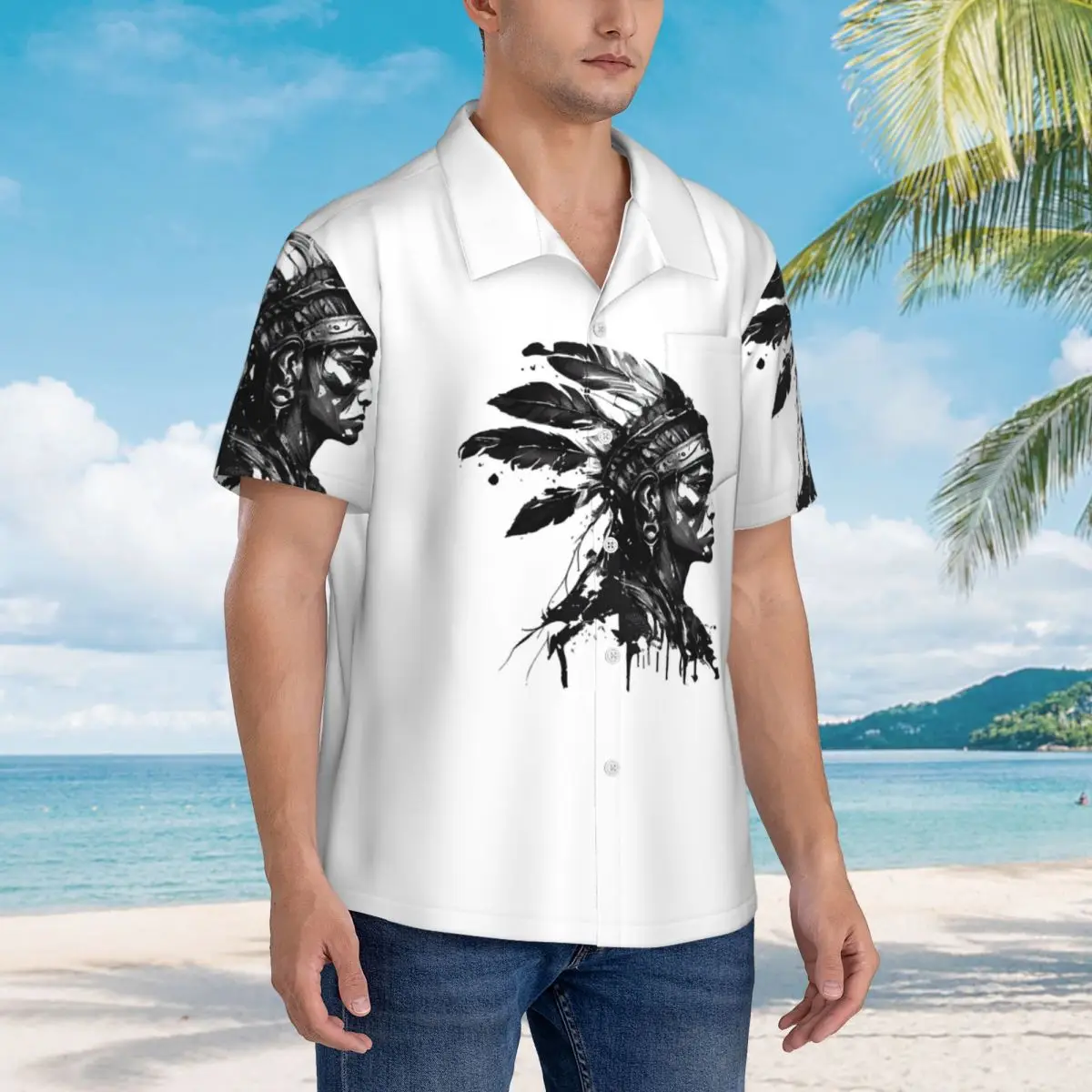 描かれたスタイルのアステカ戦士メンズシャツハワイアン半袖シャツカジュアルボタントップス夏のビーチ用
