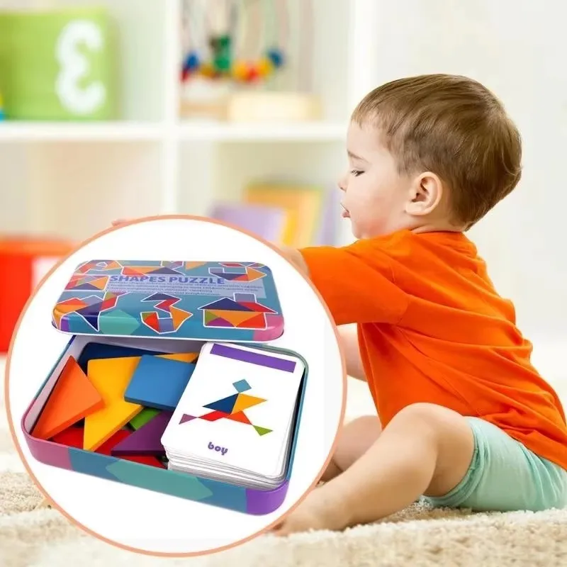 Wooden Pattern Blocks Jigsaw Montessori Busy Cube Puzzle Toy Color Sorting Stacking Game Tangram Shape Puzzle for 3 4 5 Year Kid