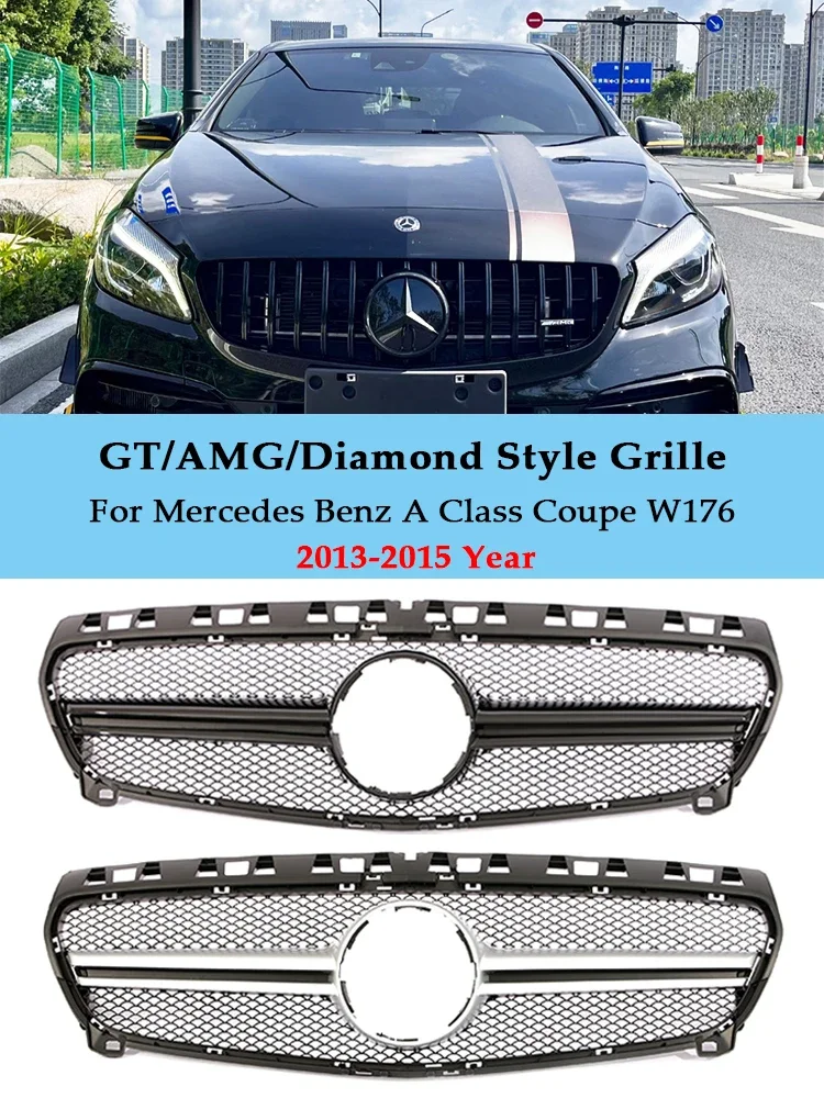 

For Mercedes Benz A Class W176 Black Silver A45 Diamond Style Grill Front Bumper GT AMG Grille A35 A180 A200 A260 2013-2015