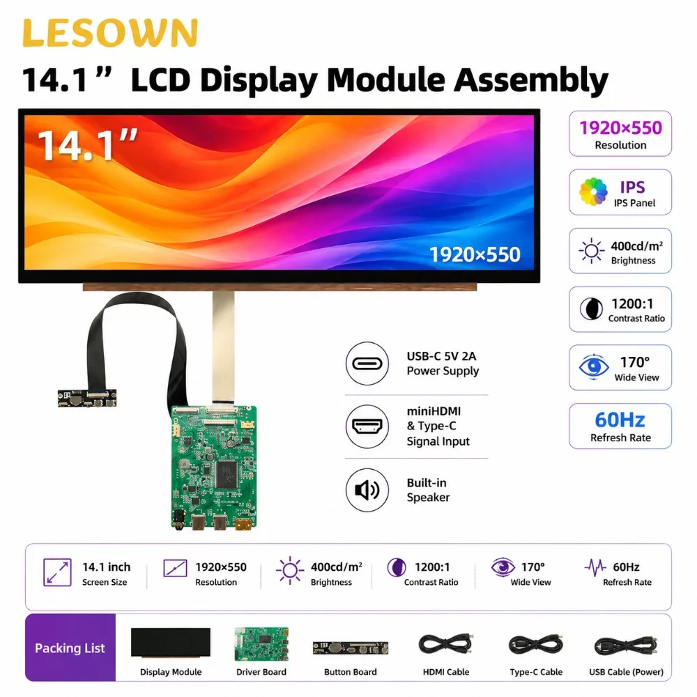 LESOWN 14.1 Inch 1920x550 Bar Display Module Plug and Play Mini HDTV Type-C 5V IPS Monitor Panel with Controller Board