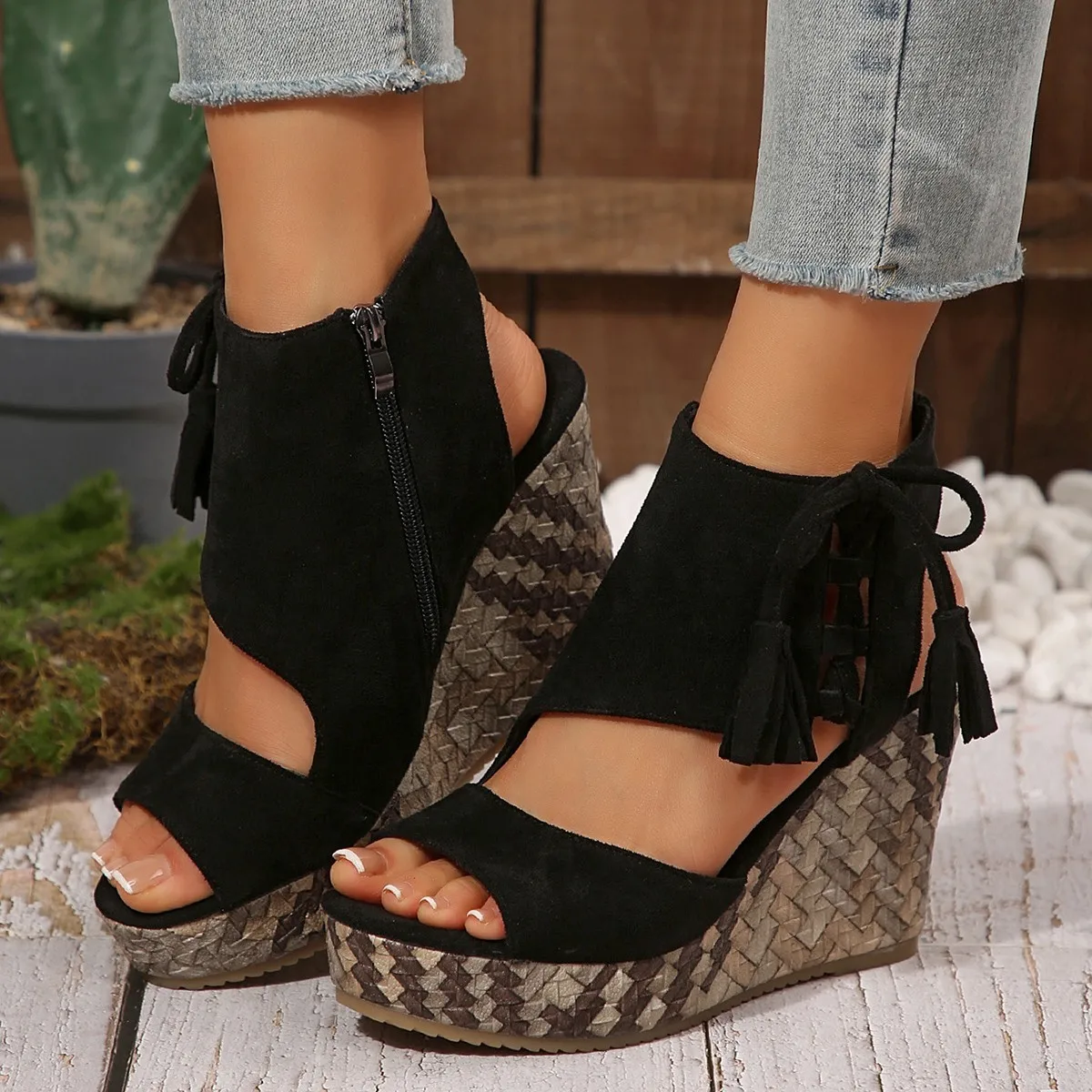 

Summer Women's Slope Heel Sandals Tassel High Heel Fish Mouth Thick Sole Shoes 2026 Fashion Trend Women's Footwear