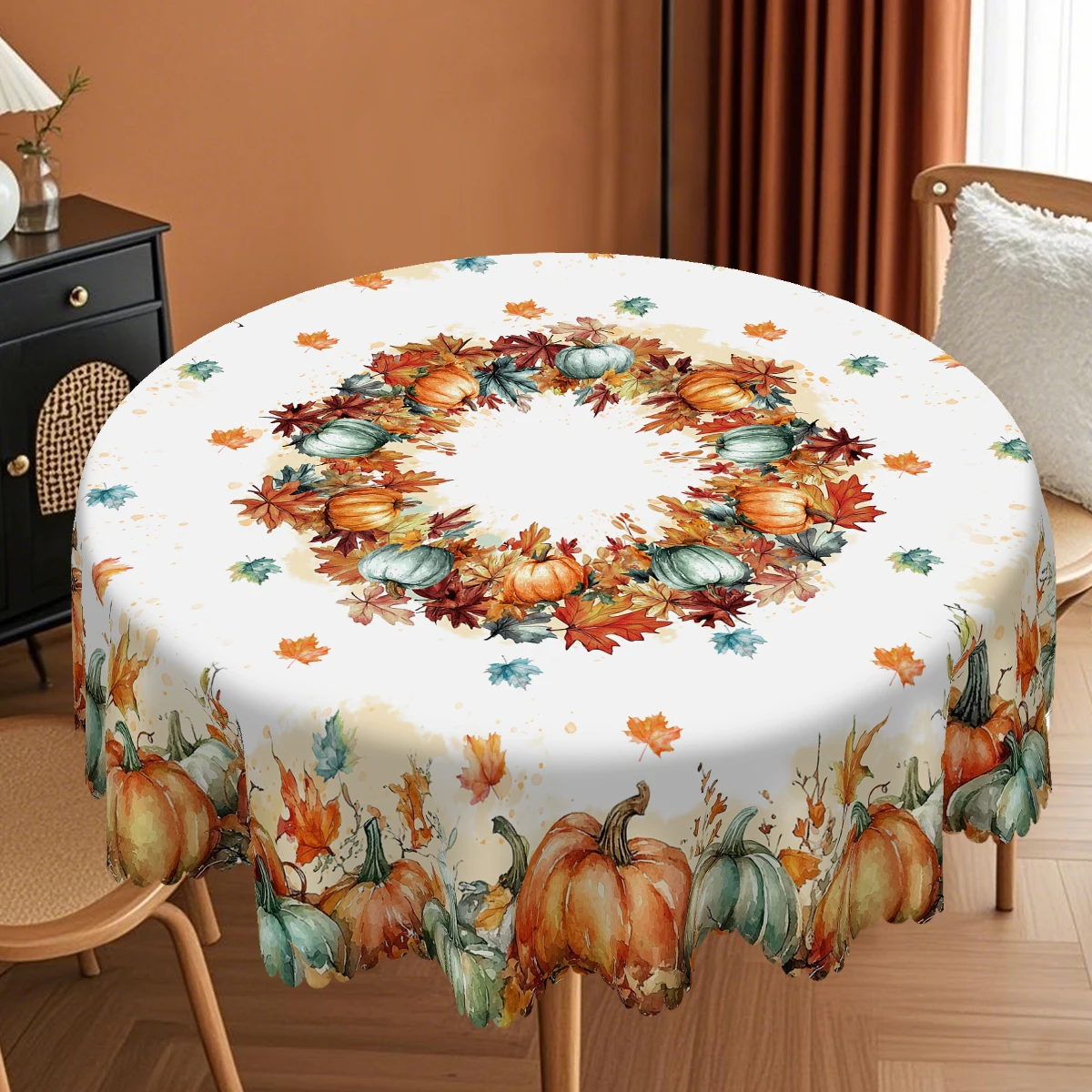 1 Piece of Autumn Thanksgiving Themed Tablecloth, Round/Rectangular Tablecloth with Pumpkin/Maple Leaf Pattern, Suitable for Autumn Holiday Parties, Family Gatherings, Gifts, Thanksgiving Table Decorations, Garden Courtyard Table Decorations, Autumn Farmhouse Harvest Atmosphere Decorations, Indoor and Outdoor Use, Daily Kitchen Accessories, Durable Polyester, Machine Embossed Edges, Multiple Sizes Available