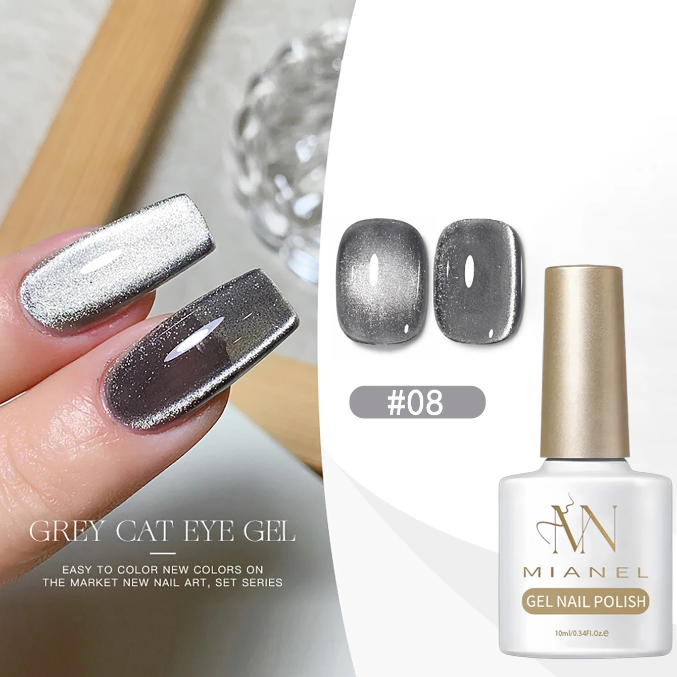 MIANEL 10ML Rauchgrauer Katzenaugen-Gel-Nagellack 2026 Neuer Trend, Funkelnd & Schmeichelnd, Grauton Glasperlen Katzenaugen-Nägel – Detail 26