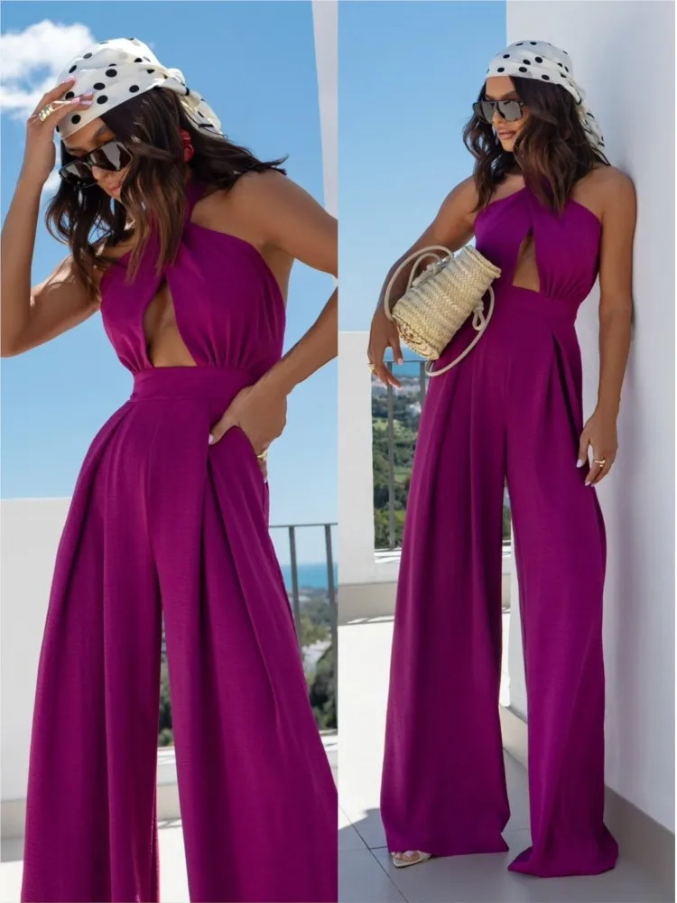 Sexy Backless Halter Neck Sleeveless Bandage Jumpsuit Summer Women Fashion Red Black Hollow Out Wide Leg Jumpsuits Streetwear