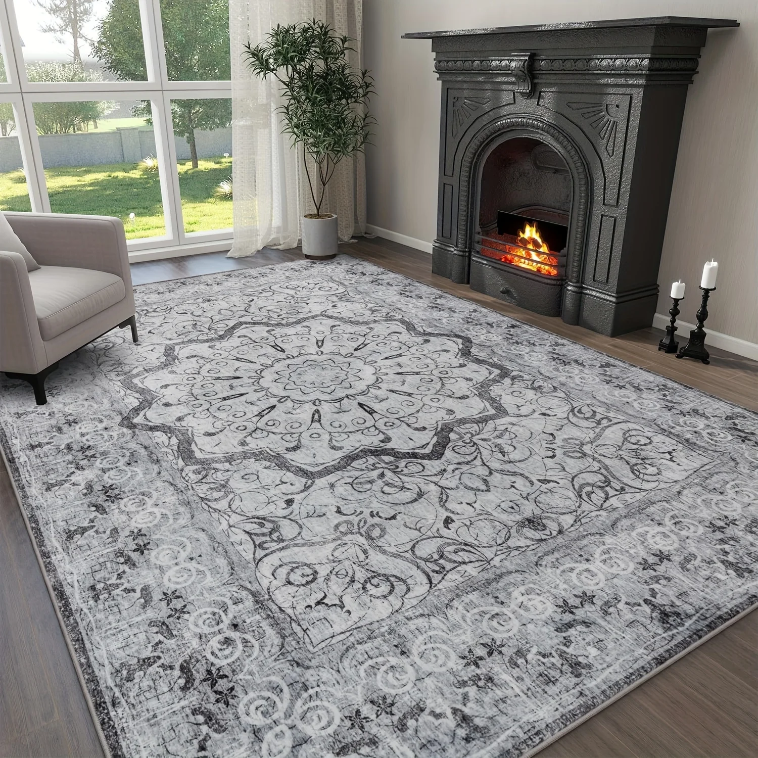 1pc Grey Area Rug, Washable Area Rug, Soft Non-Slip Vintage Rug For Living Room, Low Pile Oriental Floral Distressed Rug Thin