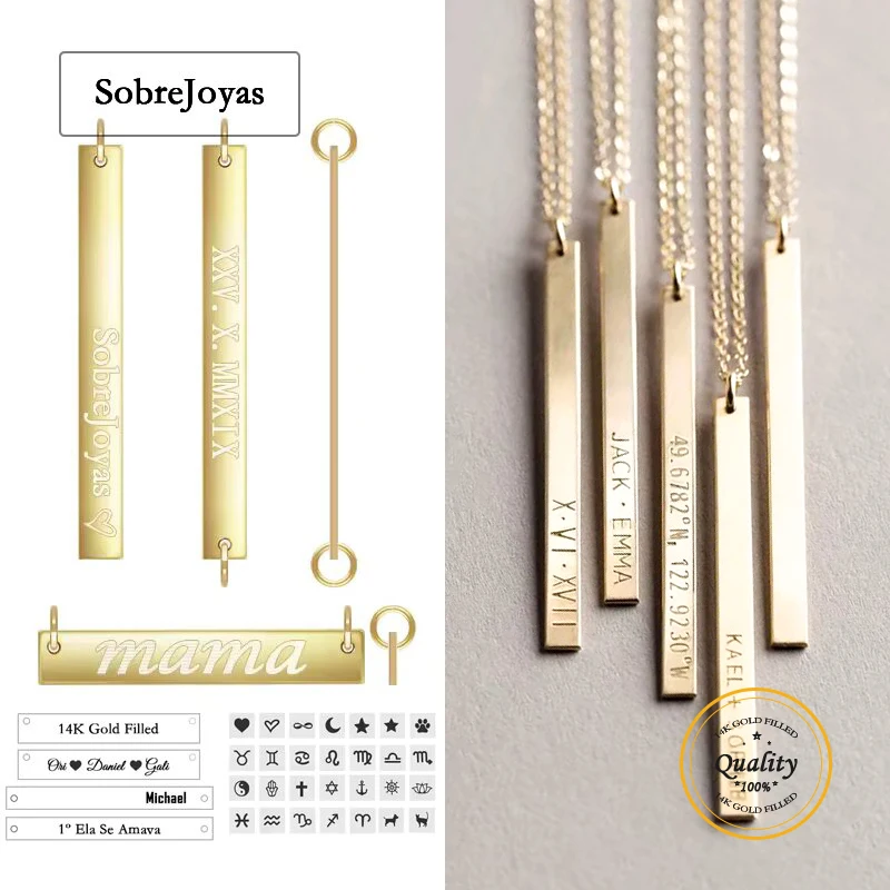 14K Gold Filled Customizable Multi Tag Bar Pendant Bracelet Engravable Initial Jewelry DIY Custom Letter Accessory