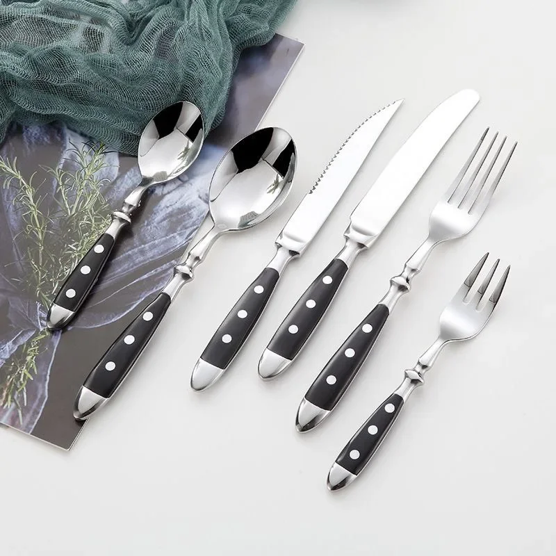 1Pcs Fashion Steak Knife Stainless Steel Table Fork Dinner Spoon Western Cutlery Three Nail Electric Plastics Wood Black Handles