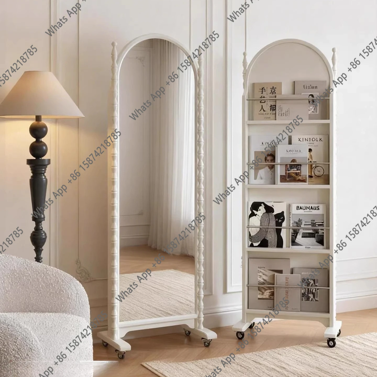 K Magazine And Newspaper Rack, Dual-purpose Movable Floor-to-ceiling Full-length Mirror French Solid Wood Full-body Mirror,
