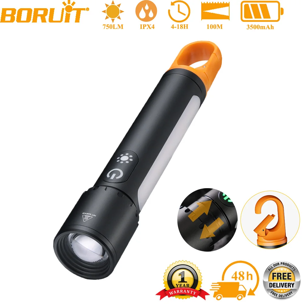 BORUiT Multifunctional LED Flashlight 750LM 21700 USB C Charging Portable Zoom Torch With Hook Outdoor Camping Fishing Lantern