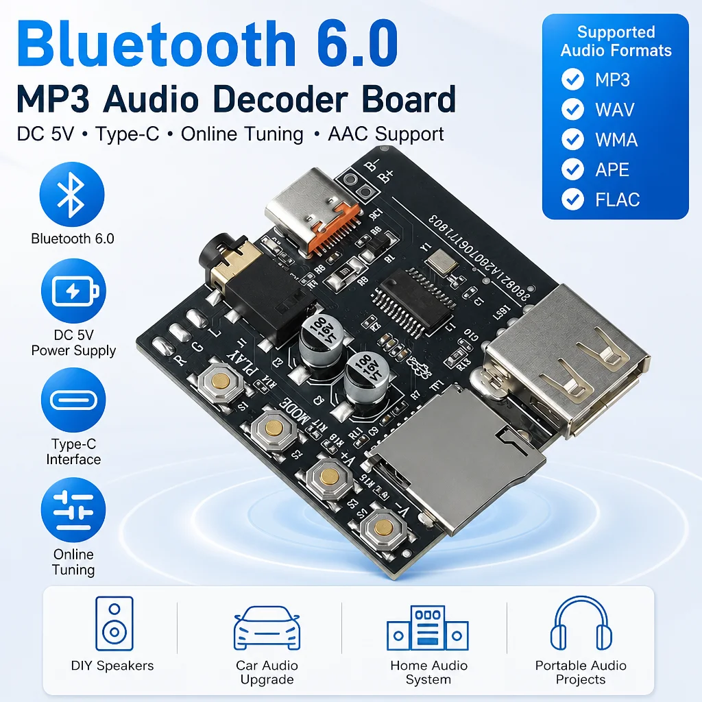 BLUETOOTH 6.0 Audio Receiver Module DC 5V MP3 Decoder Board TYPE‑C USB‑A Port Support AAC Online Tuning U Disk TF Card Playback