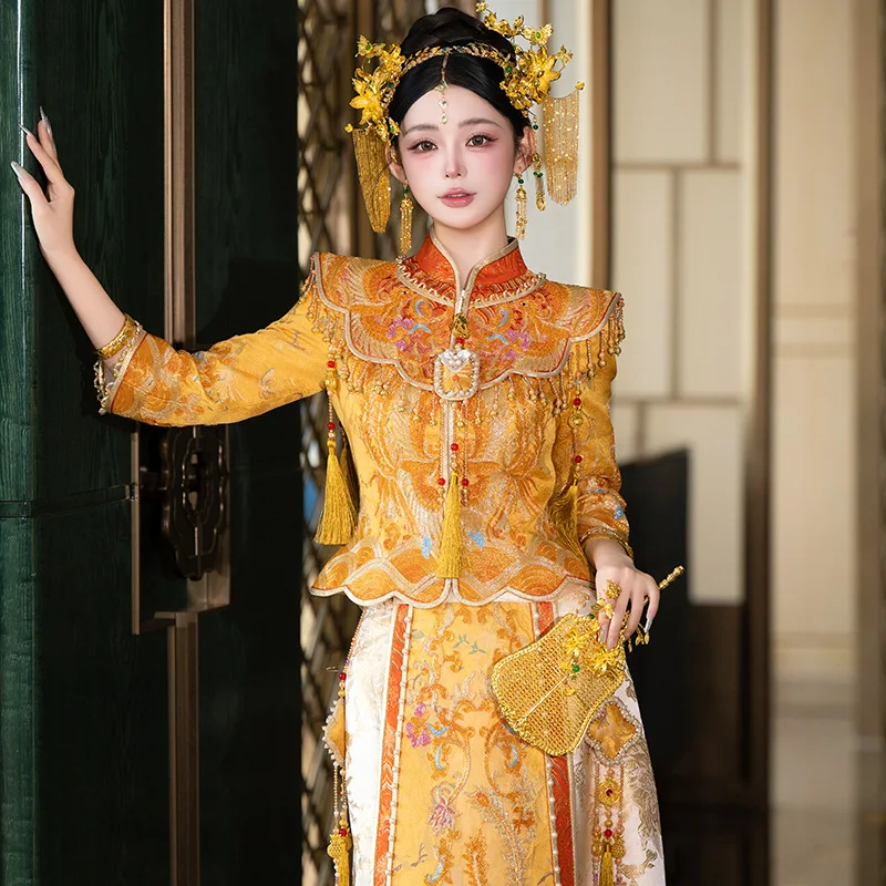 

Luxury Golden and Gown Wedding Clothes Xiuhe Dress 2026 New Chinese Style out of Court Toast Dress