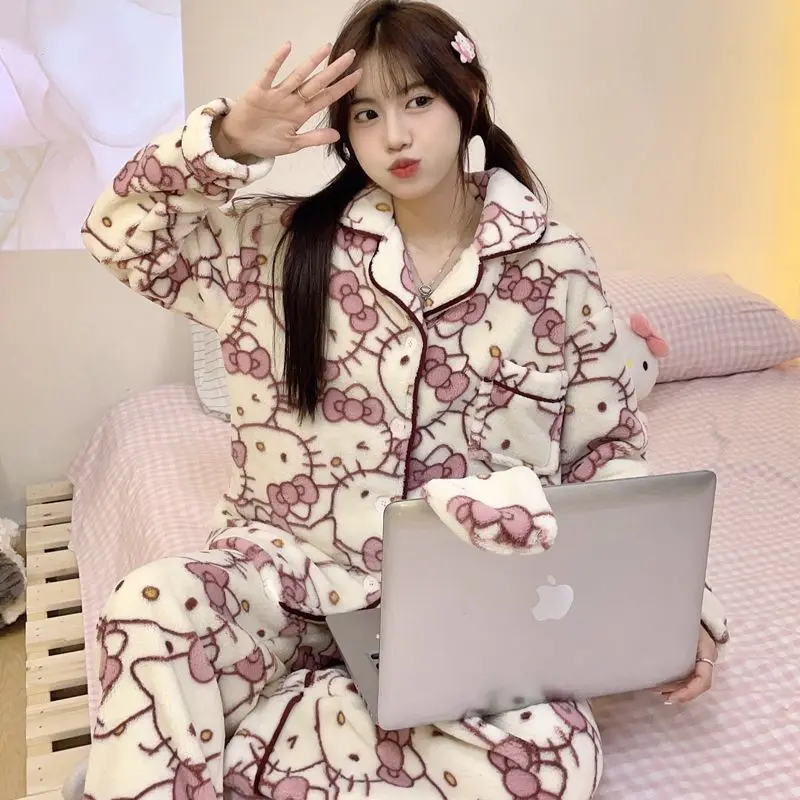 2Pcs Sanrioed Hello Kittys Coral Velvet Pajamas Women Autumn Winter Plush Cardigan Tops Trousers Sleepwear Set Y2K Cute Clothing