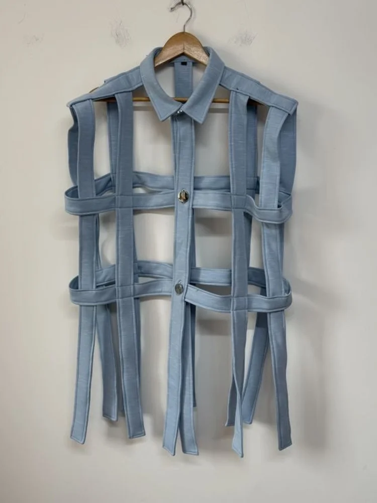 Men's Deconstructed Denim Shirt Cage Strap Hollow Out Top Edgy Summer Streetwear Unique Personality Shirt Versatile Punk Vest
