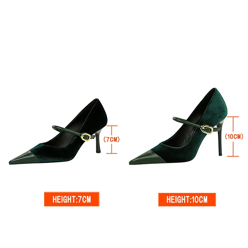 Korean Version Party 10cm 7cm High Heels Women Shoes Thin Heels Velvet Shallow Montage Pointed Toe Metal One-line Buckle Pumps