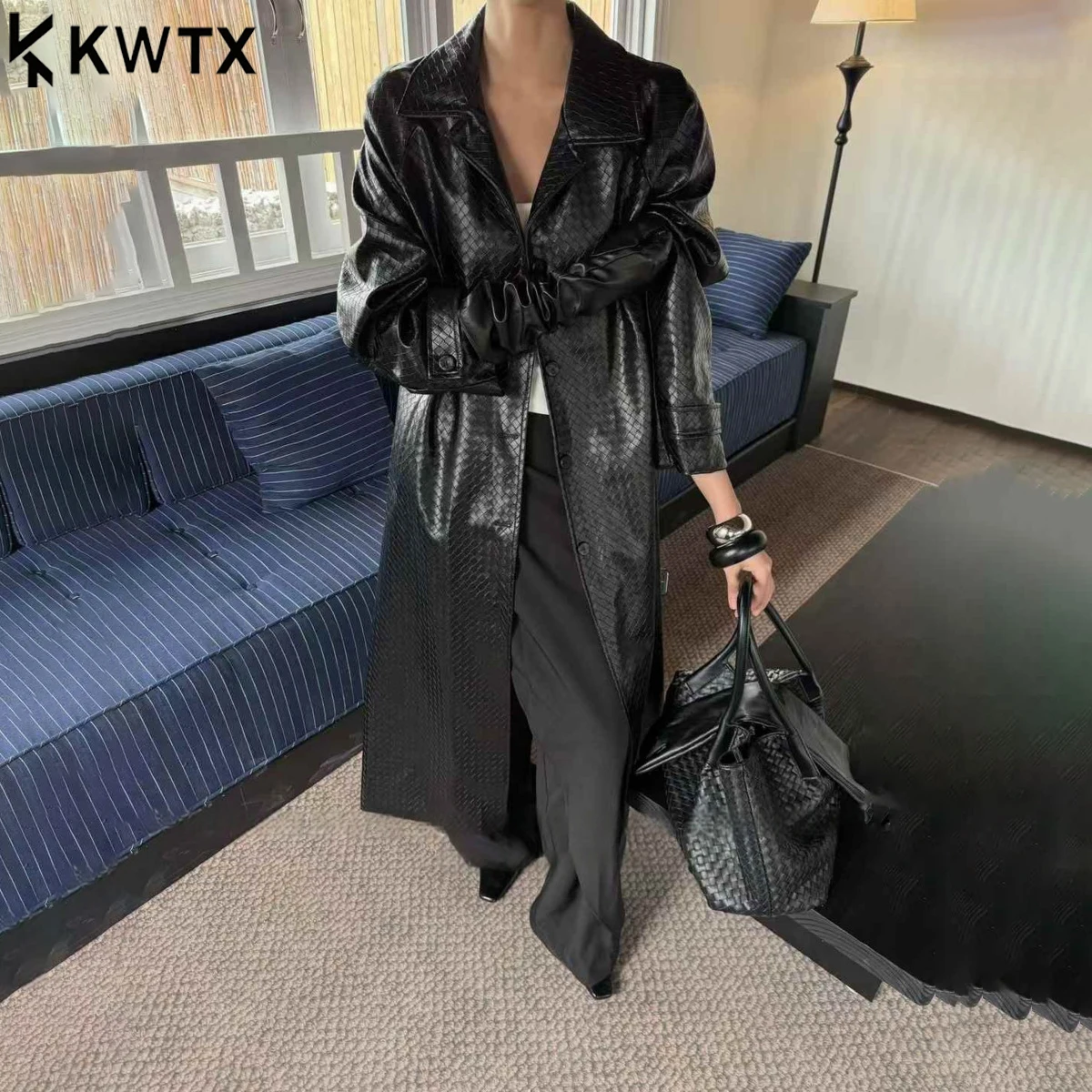 

KWTX 2025 New Women's Long Faux Leather Trench Coat Belted with Pockets Lapel Vintage Casual Trendy Spring Autumn Comfortable