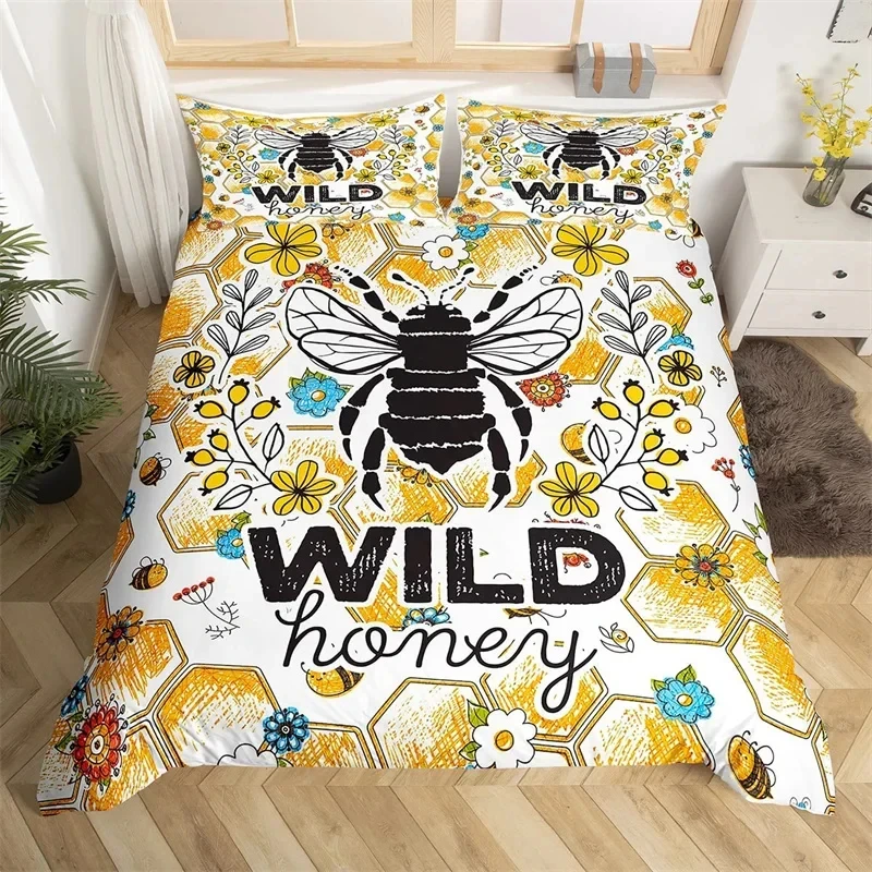 Flying Wild Animal Duvet Cover Honeycomb Bedding Set Microfiber Cute Bee Flower Quilt Cover Geometric Hexagon Beehive Bedclothes