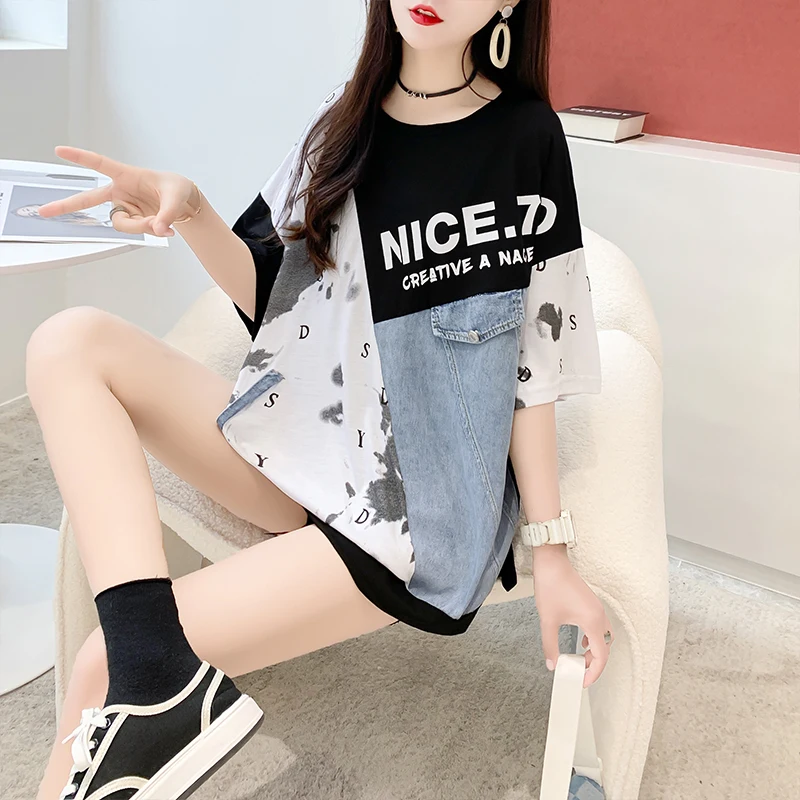 Denim Stitching T Shirts Women Design Sense Fashion Mid-length T-shirt Summer Trendy Casual Loose Oversized Short Sleeve Tshirt