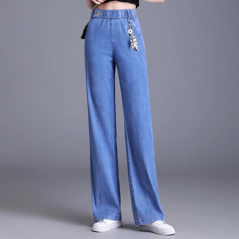 ZUZK Women Straight Style Wide Leg Jeans Summer Thin Loose Droop Elasticity  High Waist Denim Long Pants Korean Casual Pants