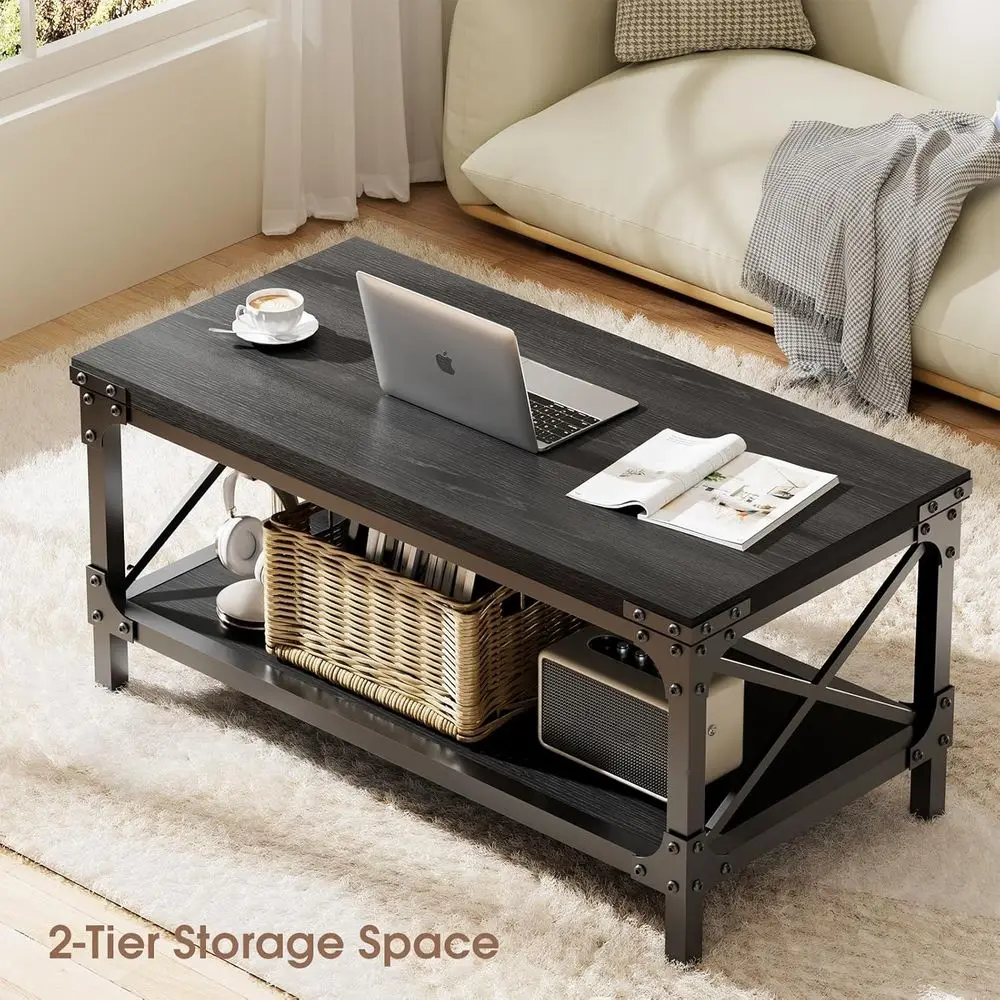 Industrial Modern 2-Tier Wood Coffee Table with Metal Frame, 40 Long, Thick Tabletop, Black