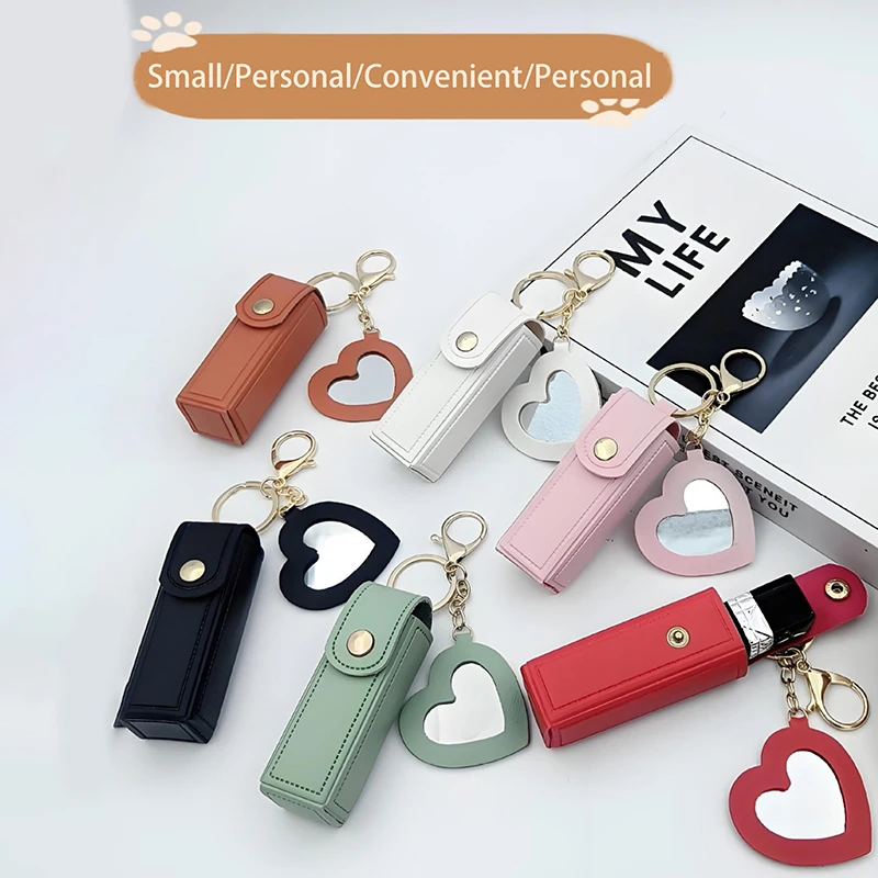 Solid Color Portable Lipstick Bags Wallet Keychain Mini Storage Bag For Women Lipsticks Protective Cover With Mini Makeup Mirror