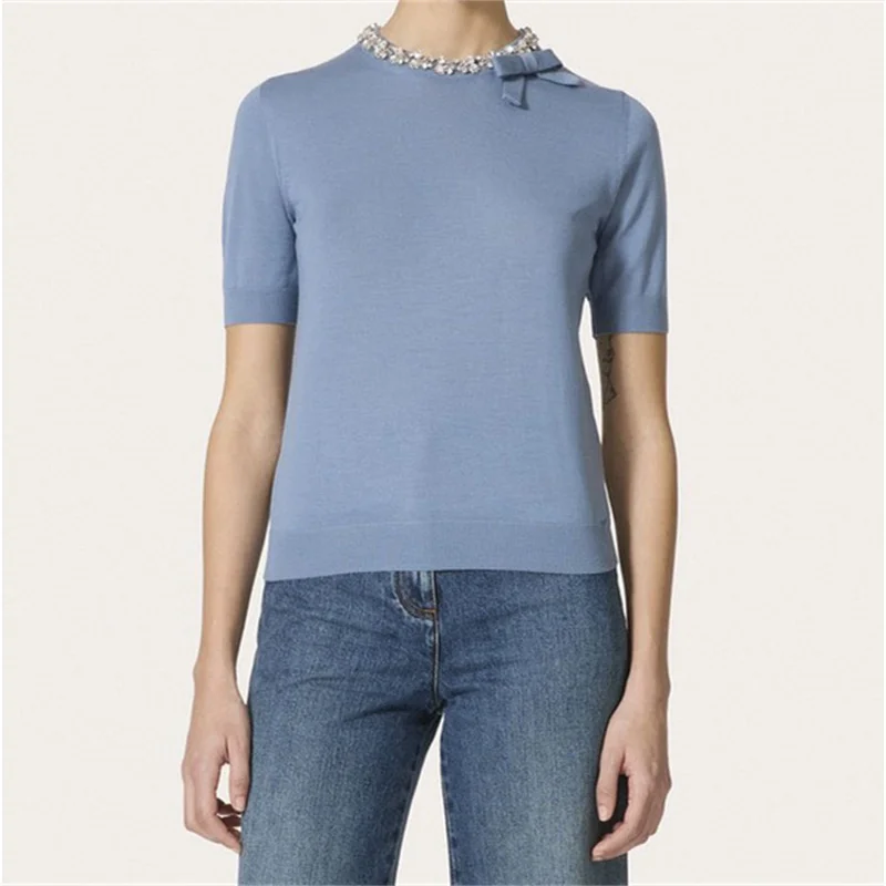 

T-shirt 2024 Summer New Water Diamond Decorative Short sleeved Top Elastic knitted pullover High quality 100% wool Sweater y2k