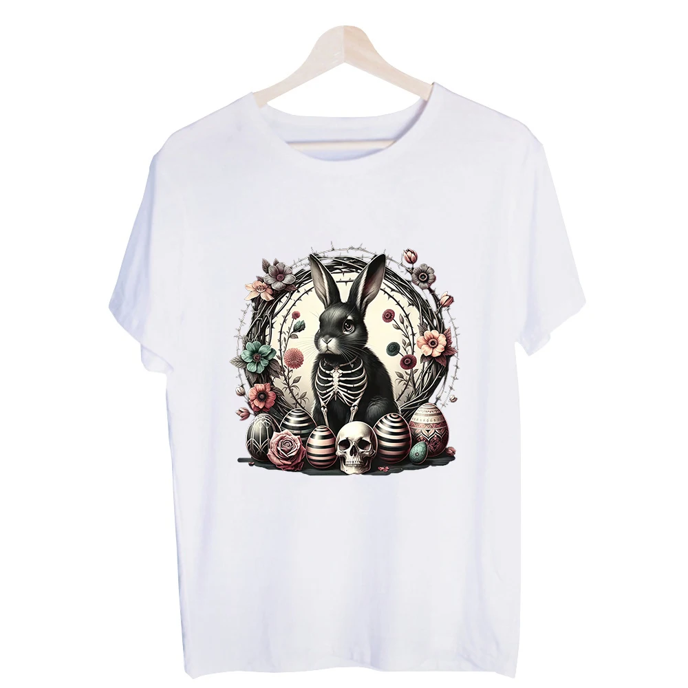 Men's Skeleton Rabbit with Floral Wreath and Skull Graphic Tee, Short Sleeve Crew Neck T-Shirt Alternative Style Outfits