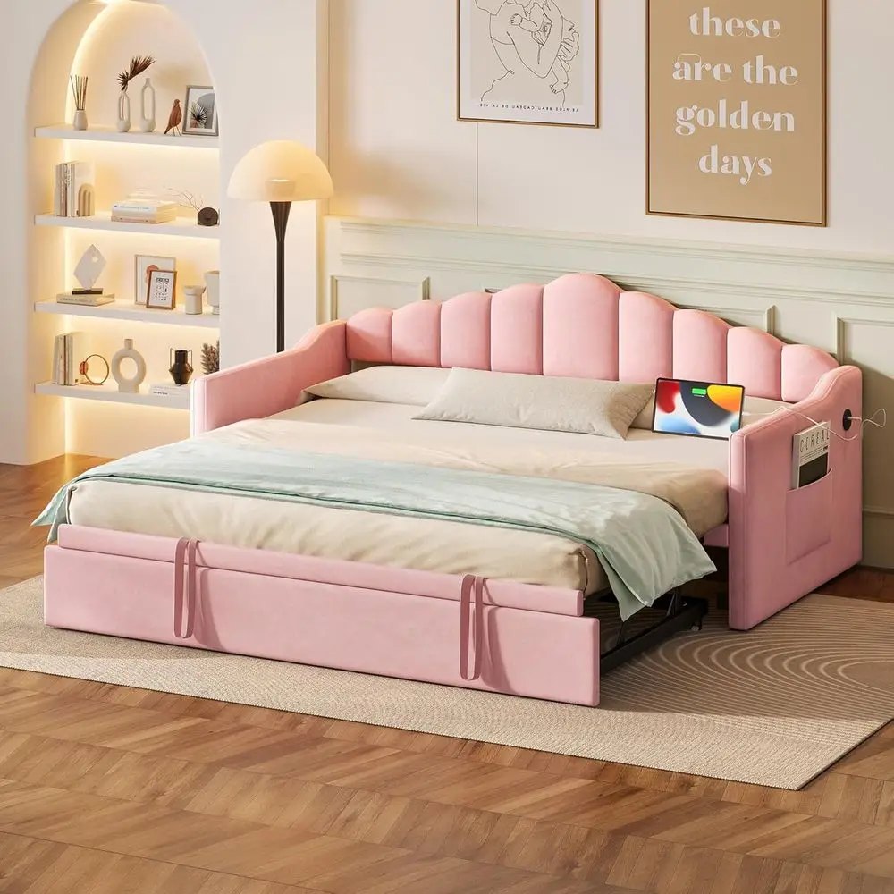 Cama de dia estofada MeVelvet tamanho twin com altura ajustável e cama auxiliar retrátil, conversível de twin para king, cama de madeira e ferro com carregamento.