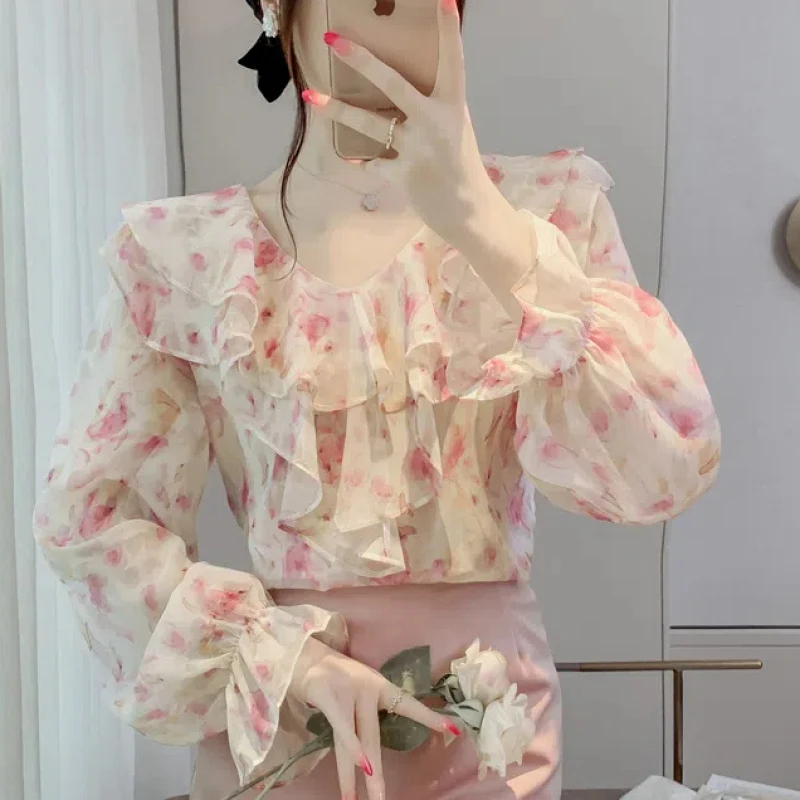 Coreano pendolare primavera autunno nuove donne camicetta con scollo a v impiombato volant moda sciolto dolce unico top in Chiffon a maniche lunghe