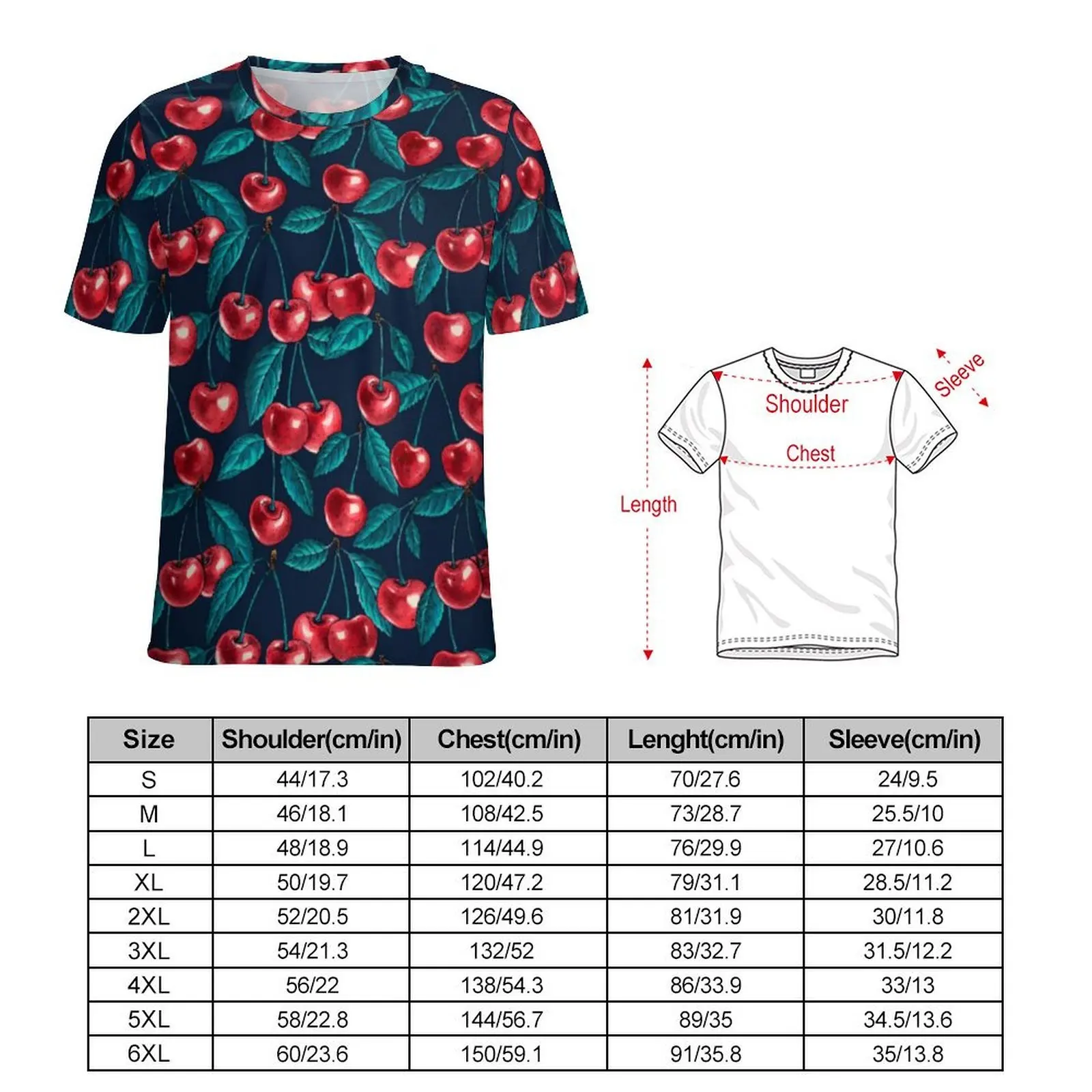 Mens Cute Cherry T-Shirt Red Fruit Print Novelty T Shirts Short Sleeves Graphic Tops Hot Sale Premium Kawaii Oversized Top Tees