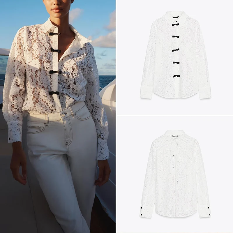 

Ele Long Sve Lace irt, весна 2021, женский отложной воротник с морским узлом, обычная длина, полиэстер