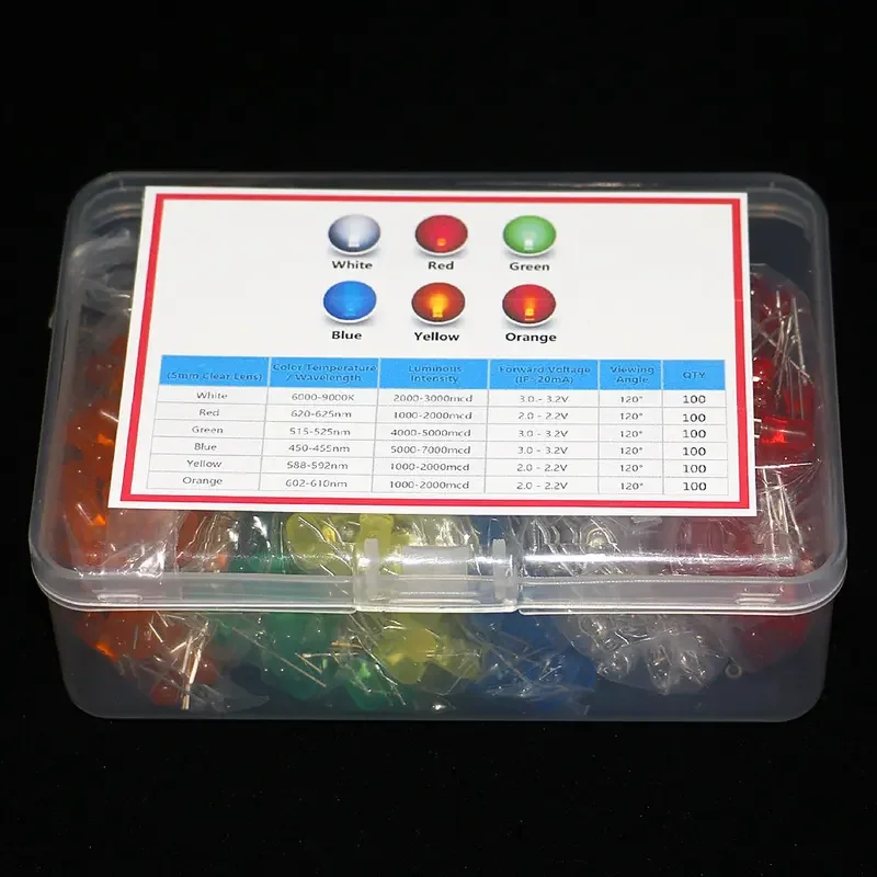 600PCs (6 colors X 100pcs) White Red Green Blue yellow orange f5 5mm led diffused light-emitting diode assorted kit