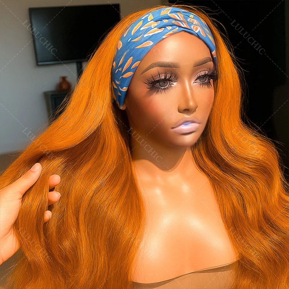 

350 Ginger Body Wave Headband Wigs Human Hair Burgundy Wigs Brazilian Reddish Brown Wig Wigs Easy to Style No Lace Front No Glue