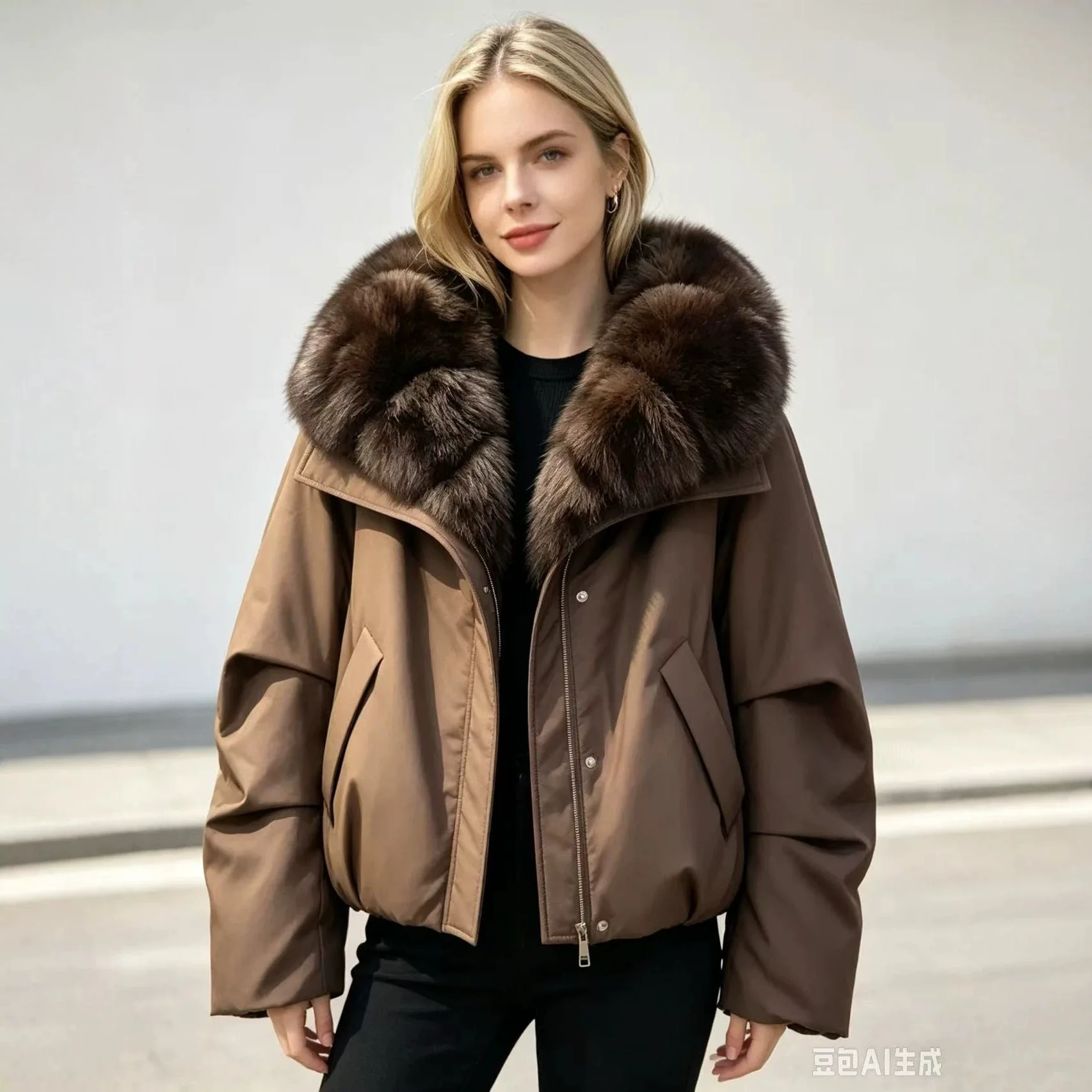 2026 women's winter clothes short V-shaped large fur collar cotton clothes are elastic.