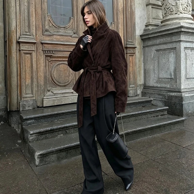 Neue Trendige Wildlederjacke für Damen mit Taillengürtel zum Selbstbinden, Reverskragen, lockerem Schnitt und langen Ärmeln – High-Street-Oberbekleidung 2026