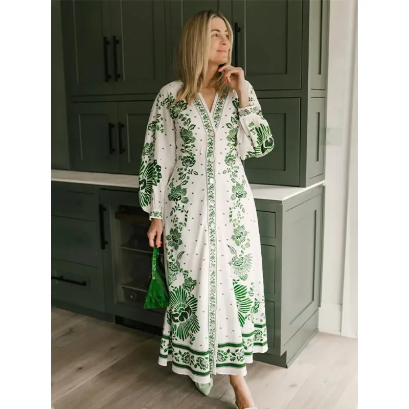 

Fashion Green Print Single Breast Maxi Dress Women Elegant Lapel Long Lantern Sleeves Long Robes 2024 New Beach Dress