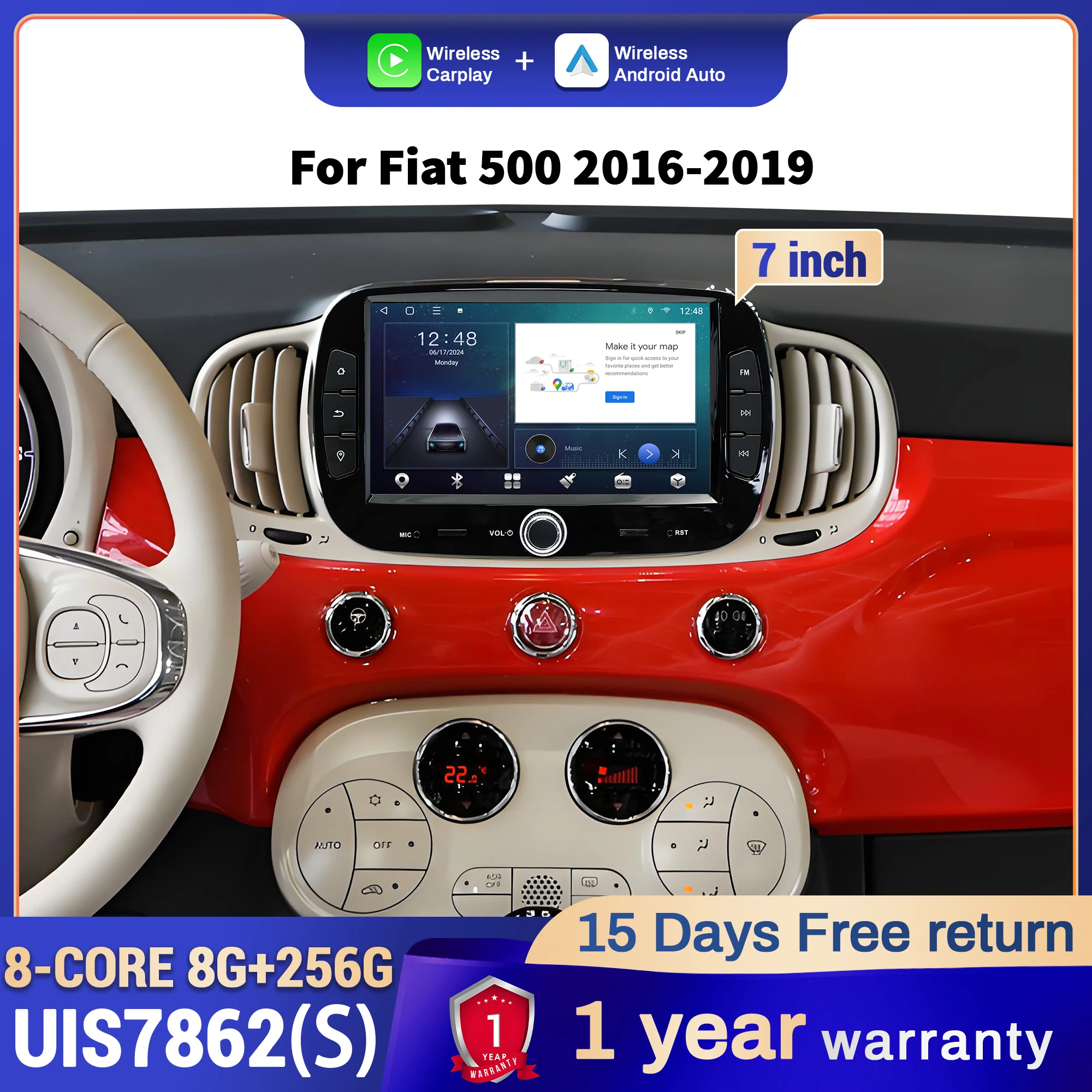 7 inch Car Radio Android 14 For Fiat 500 2016 2017 2018 2019 GPS Wireless Bluetooth CarPlay 7862 Head Unit Touch Screen Stereo
