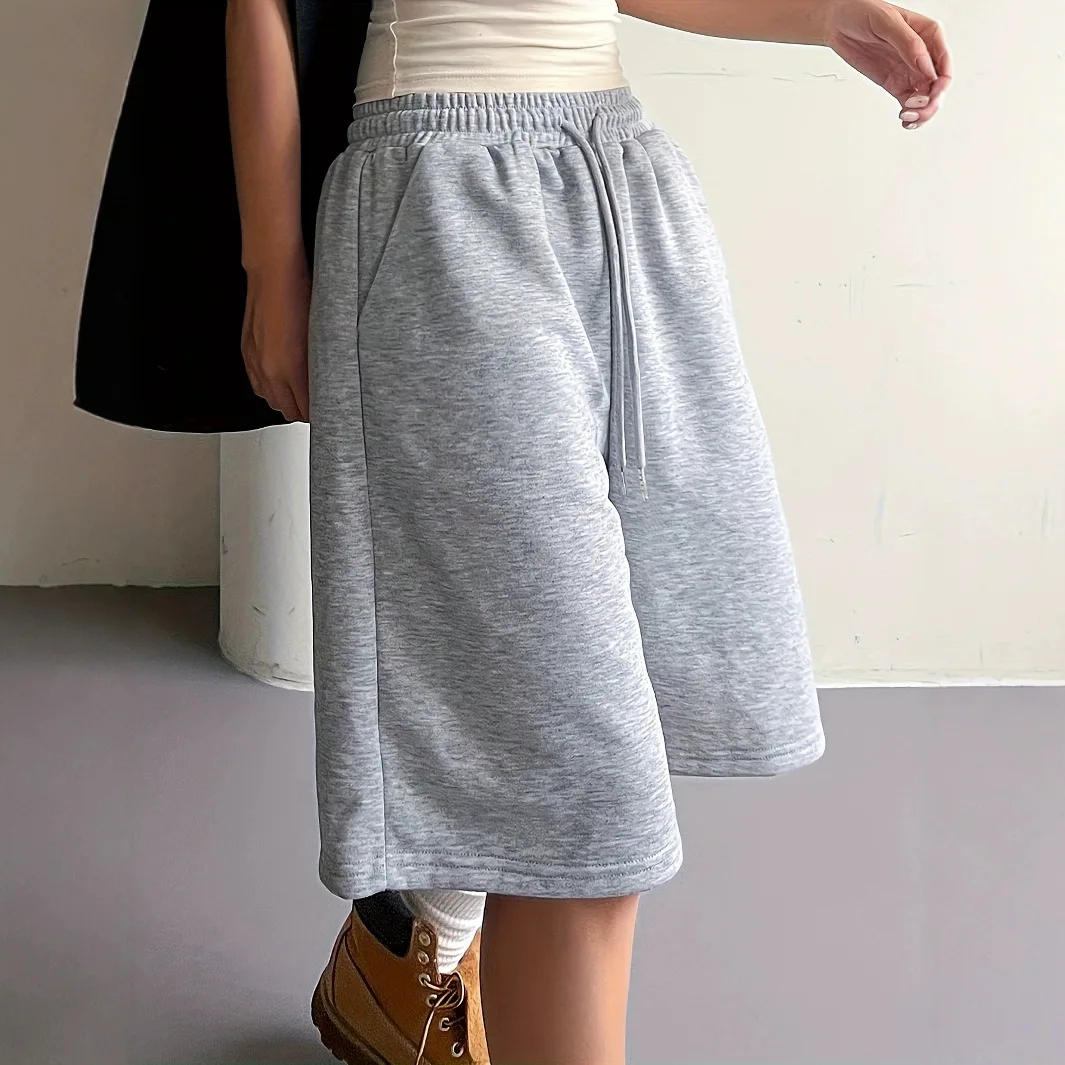 Women's Bermuda Shorts Casual Athletic Wide Leg Loose Fit Elastic Waist Drawstring Mid Length Summer Streetwear Shorts for Women