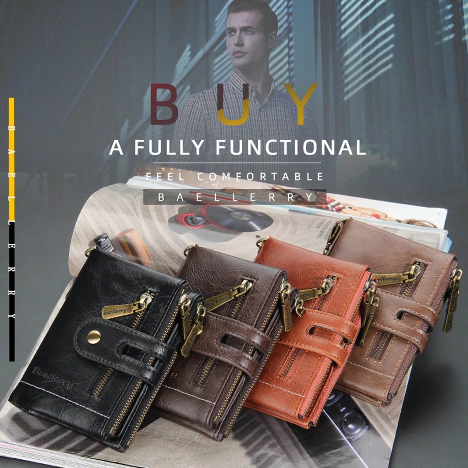 Vintage Bifold Wallet RFID Blocking Leather Men's Purse for Business Travel, Double Zipper Coin Pocket, Durable Slim Fold