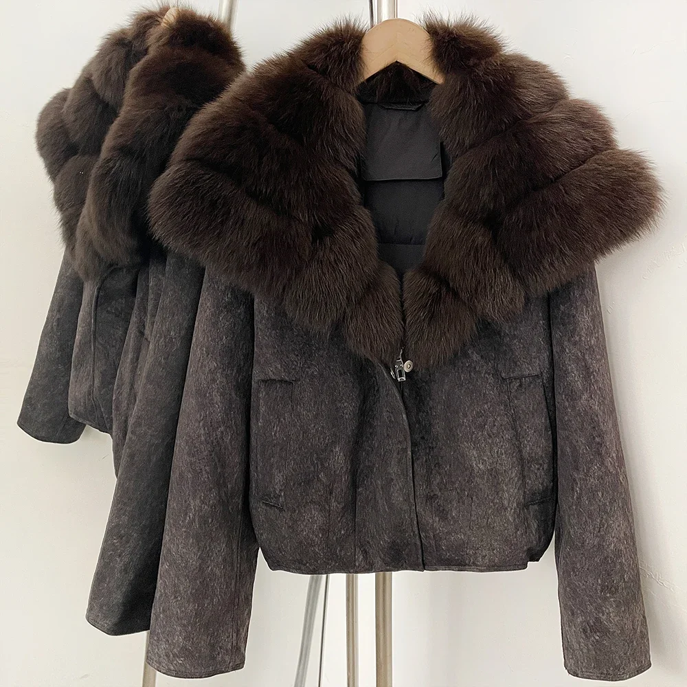 OFTBUY Damen-Daunenjacke mit großem Fuchspelzkragen, Winter-Warme Entendaunenjacke, kurze Reißverschlussjacke mit Pelz für Damen – Detail 7