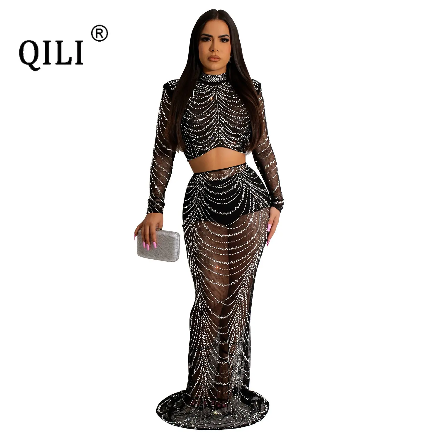 QILI-Diamonds Rhinestone Sets for Women, Dress Top and Long Skirt, Matching Sets, Party and Club Outfits