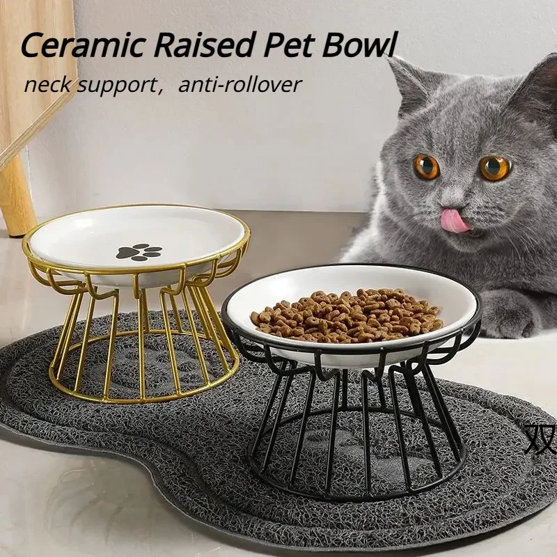 Ceramic Raised Pet Bowl Food Water Treats for Cats & Dogs Supplies Outdoor Feeding Drinking Accessories Doggie Cat Stand Bowl