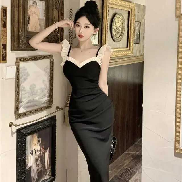 

Летнее облегающее черное платье Hebe Style без рукавов с V-образным вырезом и драпировкой на талии, вечернее платье для женщин